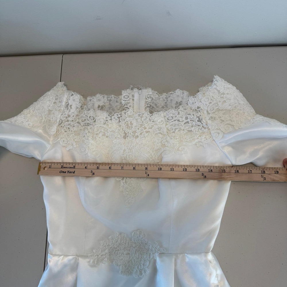 Vintage 90s Satin Lace Wedding Dress S Off Shoulder Long Sleeve Minimalist - Picture 12 of 15